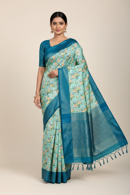 Digital Print Silk Saree Green Colour with Floral Pattern