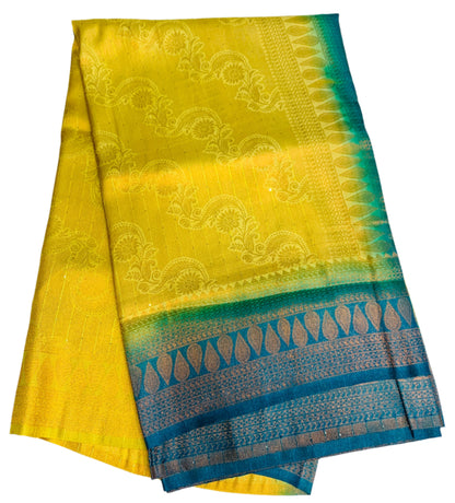 Yellow shade Kuberra Pattu with Sky Blue Pallu