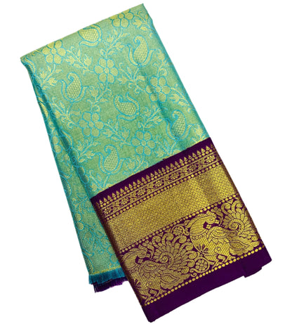 Sapphire shade Pure kanchipuram Kids Pattu Pavadai with contrast border for newborn to 2 Years