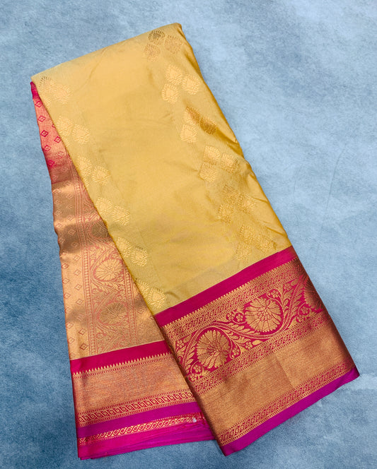 Soft Silk Casual Saree Golden Colour with Pink Colour Border