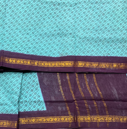 9 yards Cotton Saree Aqua Blue Colour with Dark Purple Border