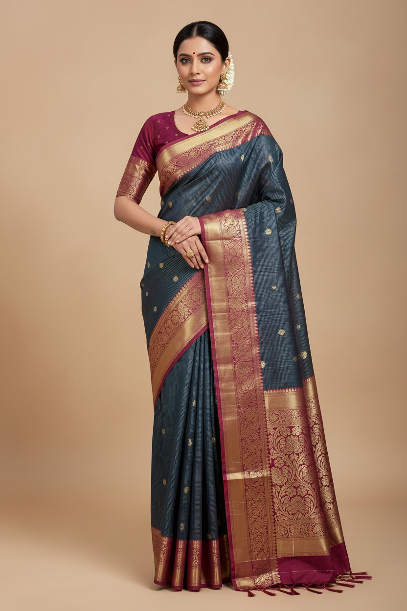 Pure Kanchipuram Silk Saree Dual Tone Colour with Korvai Metallic Golden zari Border