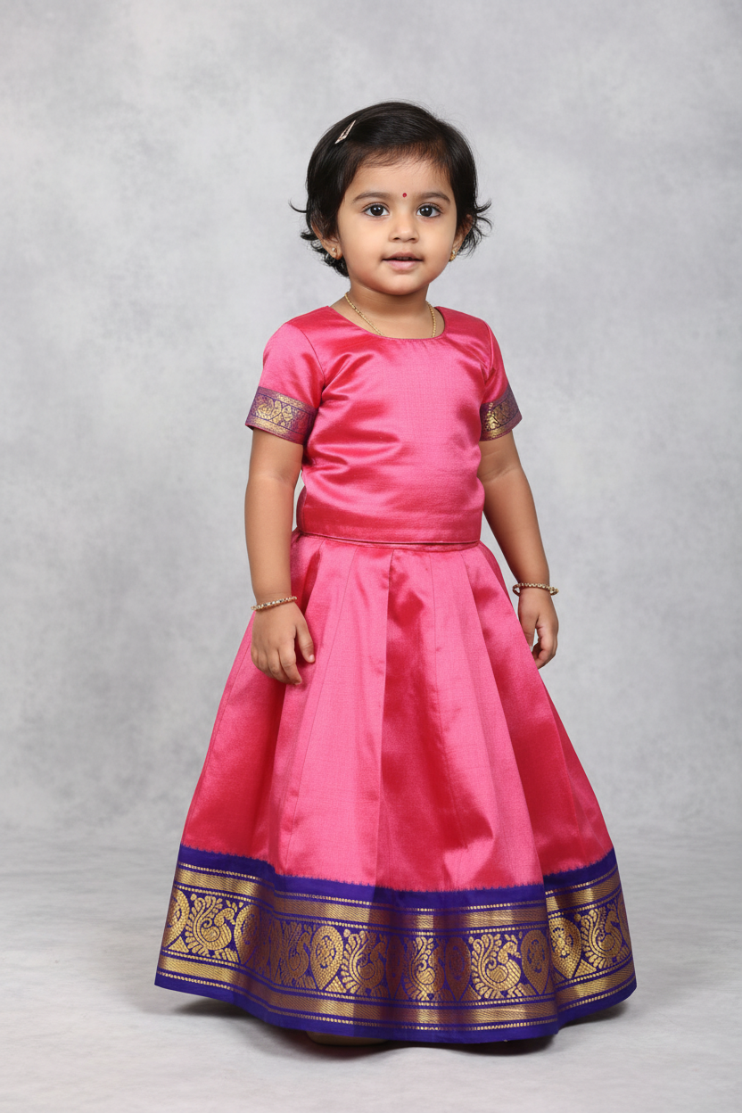 Pink Shade Pure Kanchipuram Kids Pattu Pavadai with Contrast Border for age 2 to 5