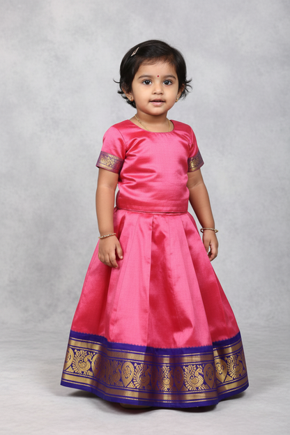 Pink Shade Pure Kanchipuram Kids Pattu Pavadai with Contrast Border for age 2 to 5