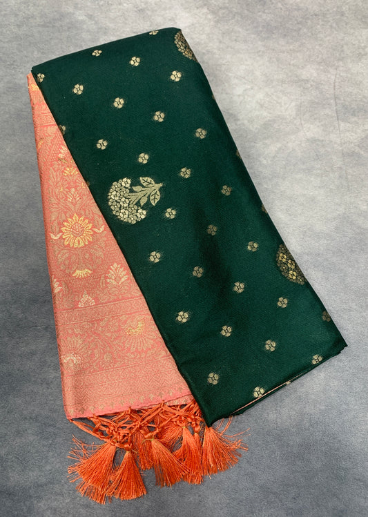 Soft Silk Casual Saree Green Colour with Peach Colour Border