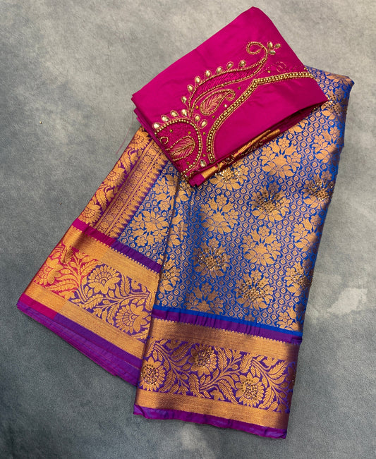 Bridal Vegan Silk Saree Blue Colour with Pink Border with Unstitched blouse in Aari Work