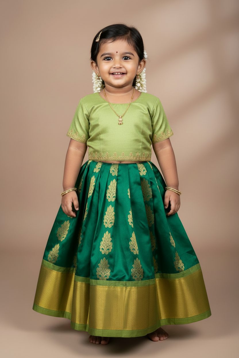 Green Shade Pure Kanchipuram Kids Pattu Pavadai with Contrast Border for Newborn to 2 Years
