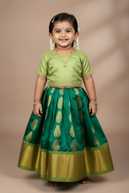 Green Shade Pure Kanchipuram Kids Pattu Pavadai with Contrast Border for Newborn to 2 Years