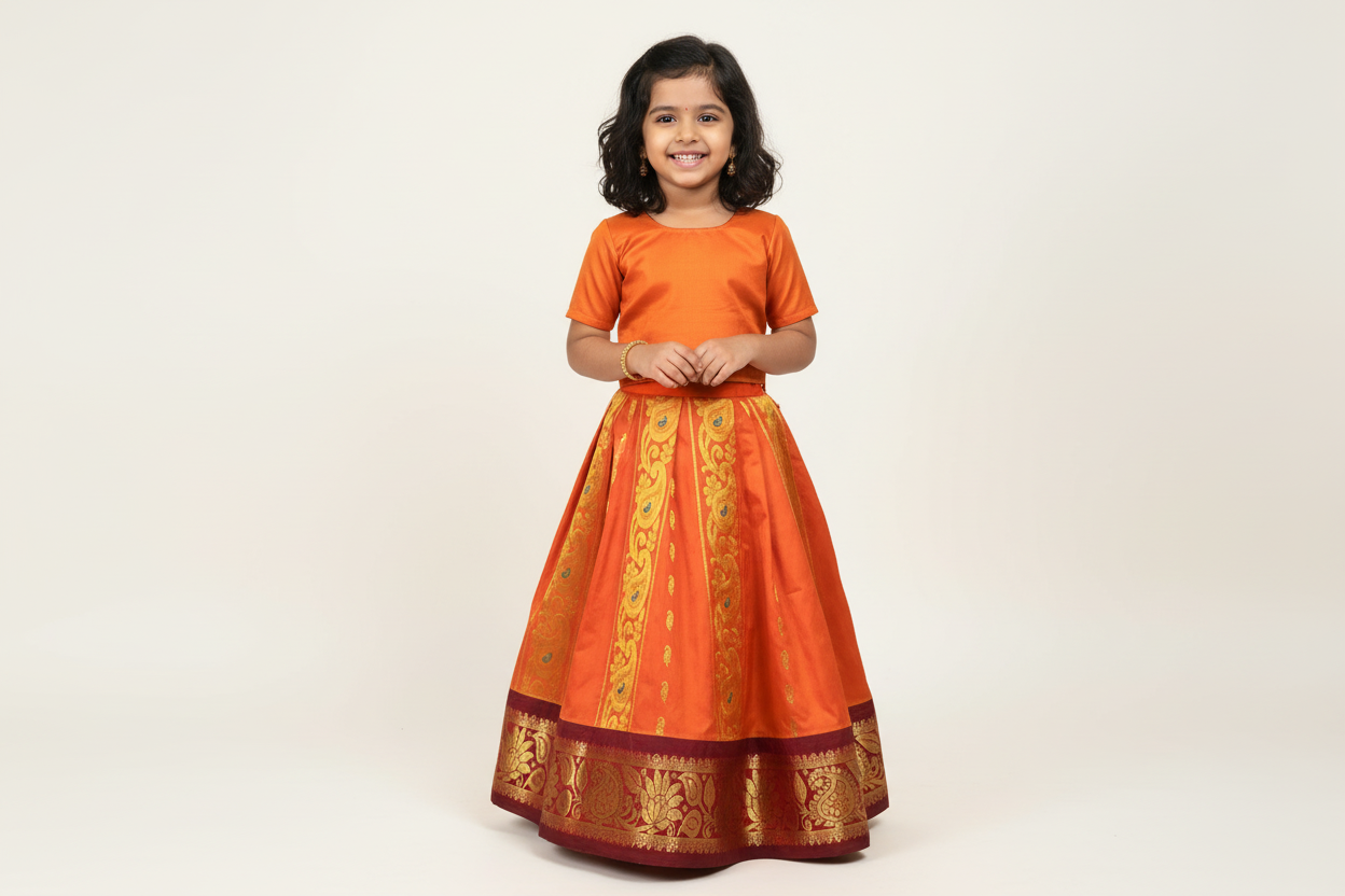 Orange Shade Semi silk Kids Pattu Pavadai with Contrast border for age 5 to 10