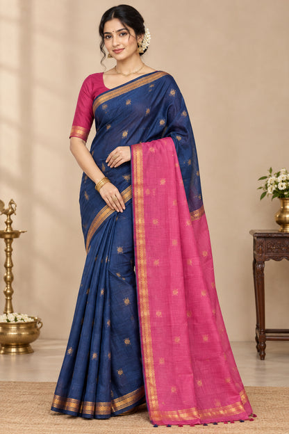 Navy Blue Colour Silk Cotton Saree with Copper Zari Border