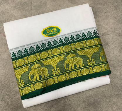 9X5 Cotton Dhoti White Colour with Green and Pink Border with Angavastarm