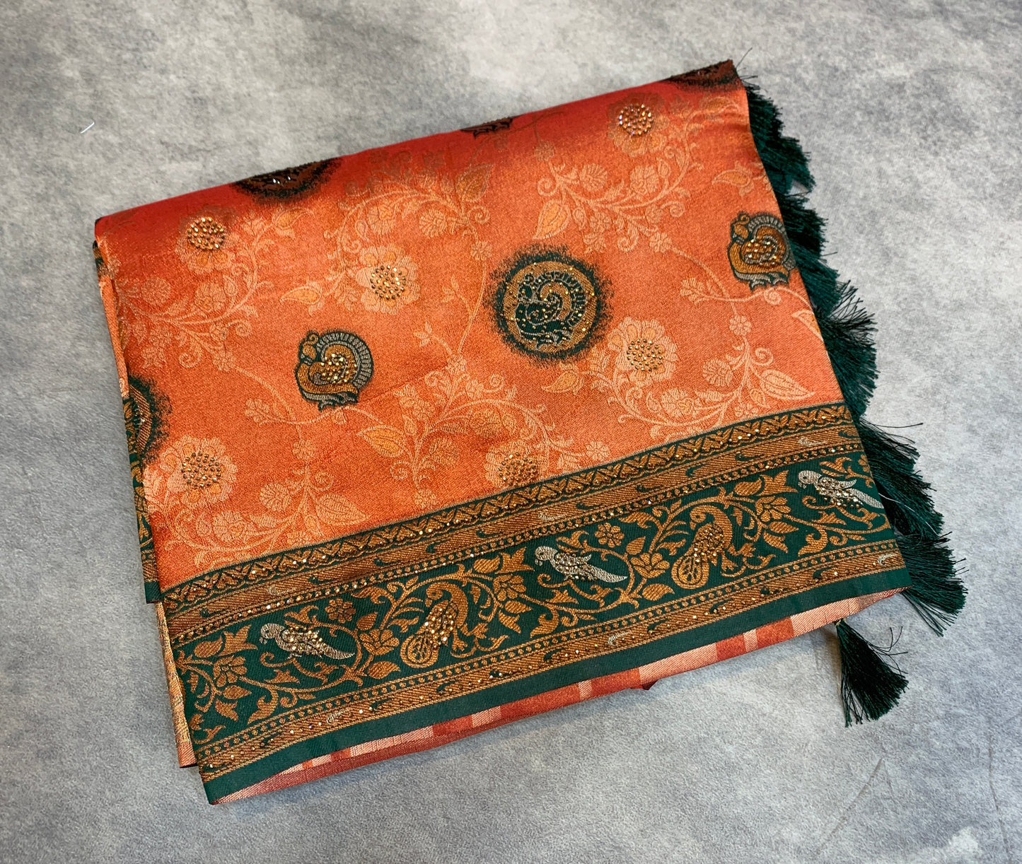Fancy Tissue Saree Orange Colour with Green Border