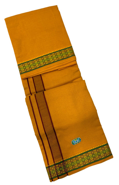 9X5 Cotton Mustard with Maroon & Green Diamond Border