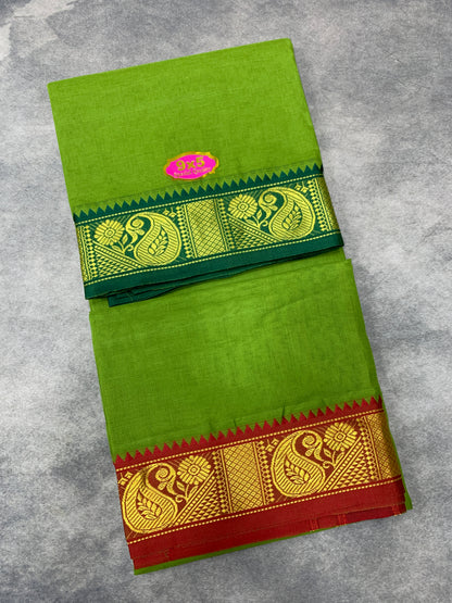 9X5 Cotton Dhoti Light Green Colour with Green and Red Border