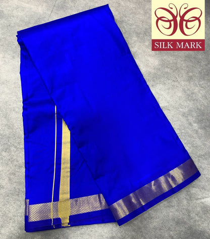 9X5 Pure Silk Dhoti Ink Blue with Golden Zari Border