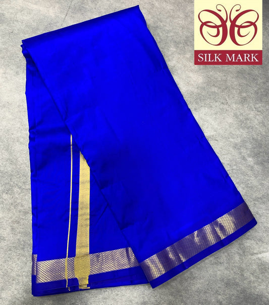 9X5 Pure Silk Dhoti Ink Blue with Golden Zari Border