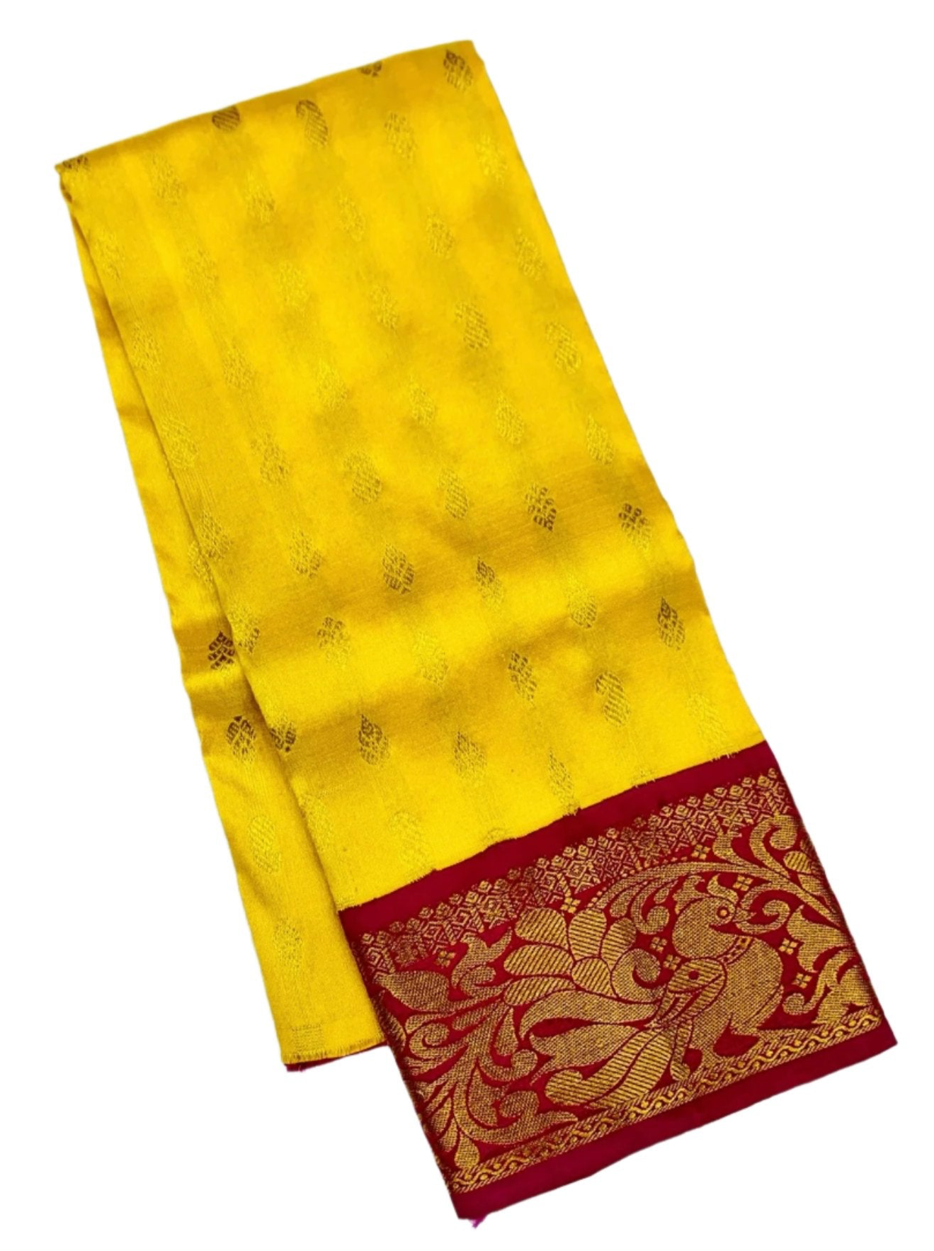 Yellow shade Pure kanchipuram Kids Pattu Pavadai with contrast border for newborn to 2 Years