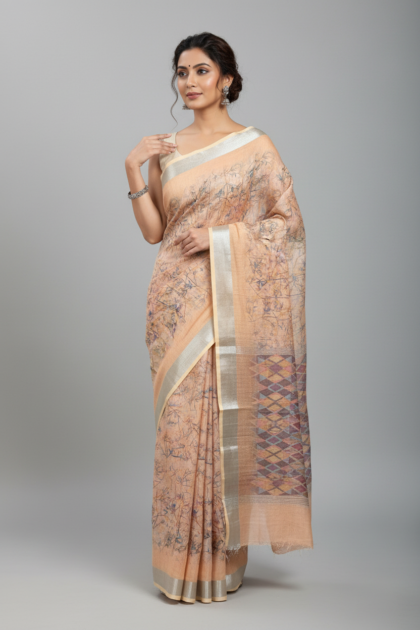 Jute Cotton Saree Light Peach Shade with Thread Border