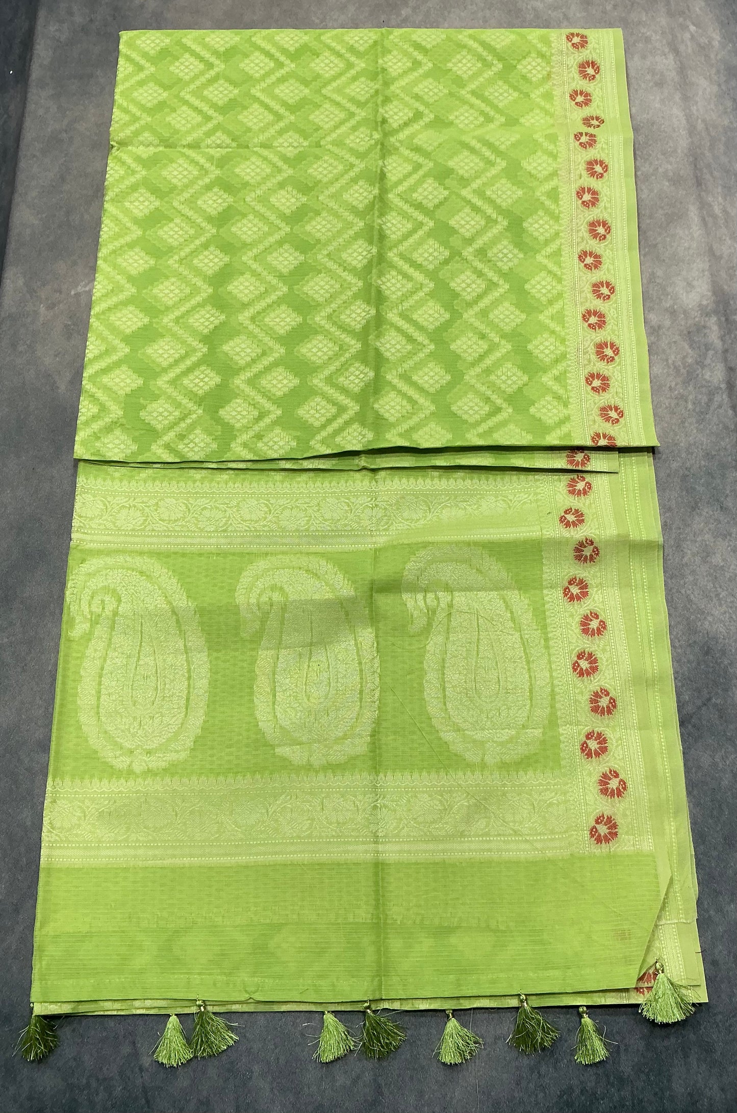 Chettinad Cotton Saree Lime Green Colour with Red Floral Motifs Sliver Zari Base Border