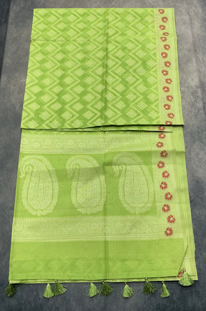 Chettinad Cotton Saree Lime Green Colour with Red Floral Motifs Sliver Zari Base Border