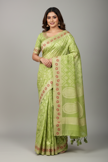Chettinad Cotton Saree Lime Green Colour with Red Floral Motifs Sliver Zari Base Border