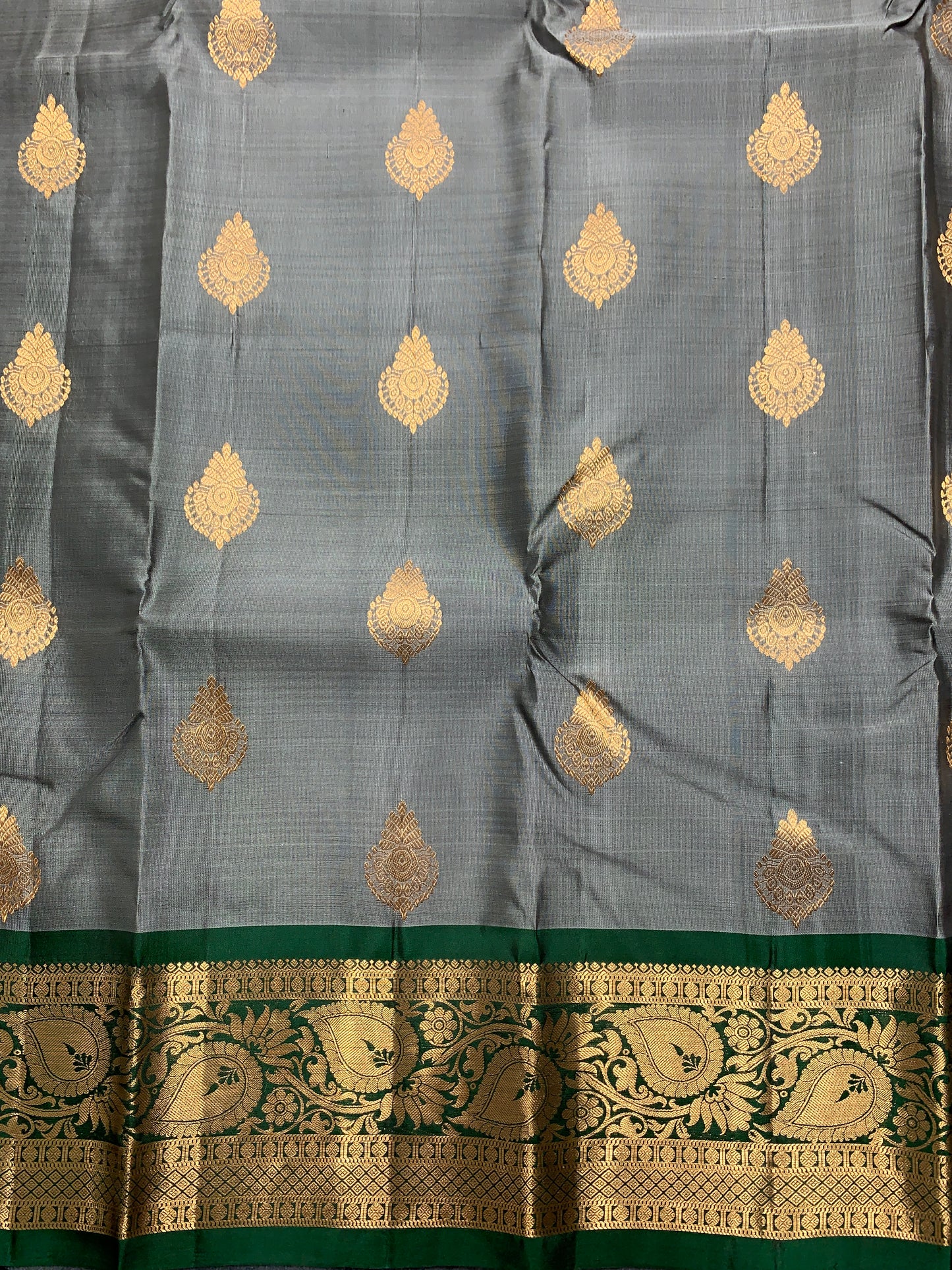 Pure Kanchipuram Silk Saree Gray Colour with Green Colour Border