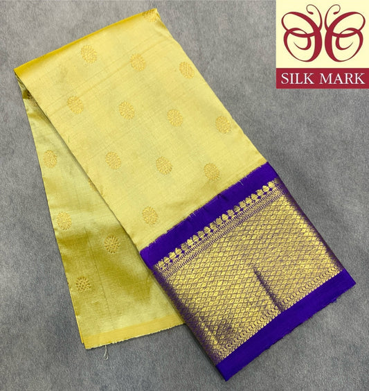 Lemon Yellow Shade Pure Kanchipuram Kids Pattu Pavadai with Contrast Border for Newborn to 2 Years