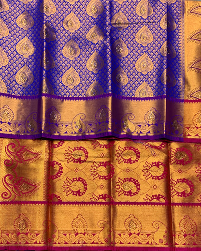 Vegan Silk Saree Blue Colour with Copper and Magenta