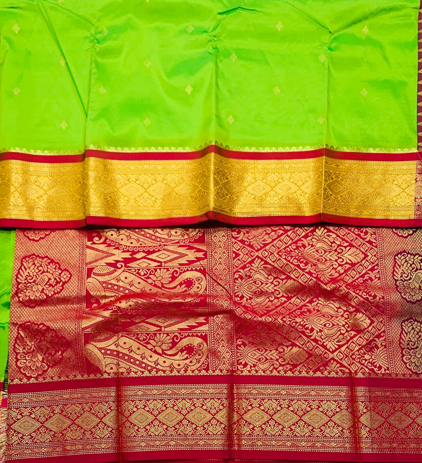 Apple Green Shade Saree with Golden and Red Border