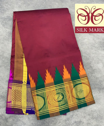 6 Mulam Silk Pooja Towel Maroon Colour with Ganga Jamuna Korvai Border