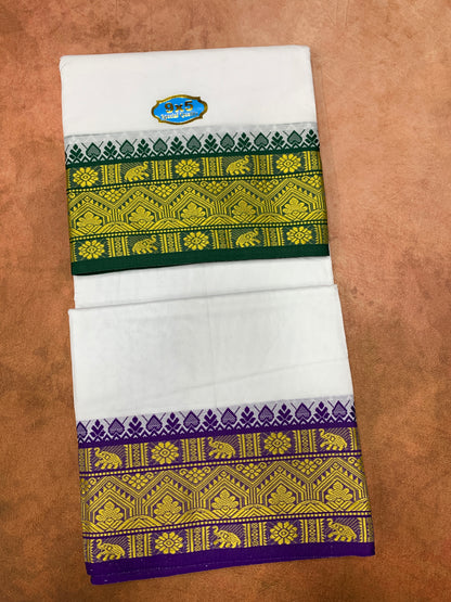9X5 Cotton Dhoti White with Green and Violet Ganga Jamuna Border