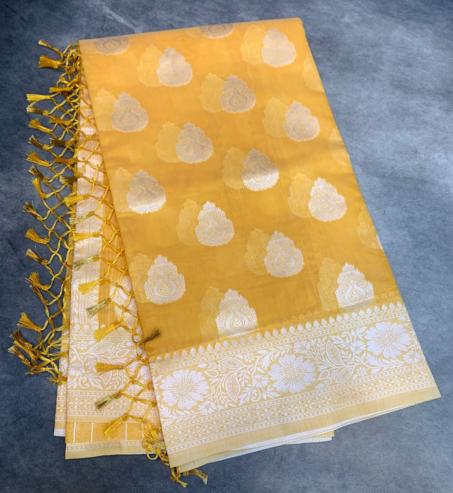 Banaras Katan Saree Yellow Colour with Katan Work Border
