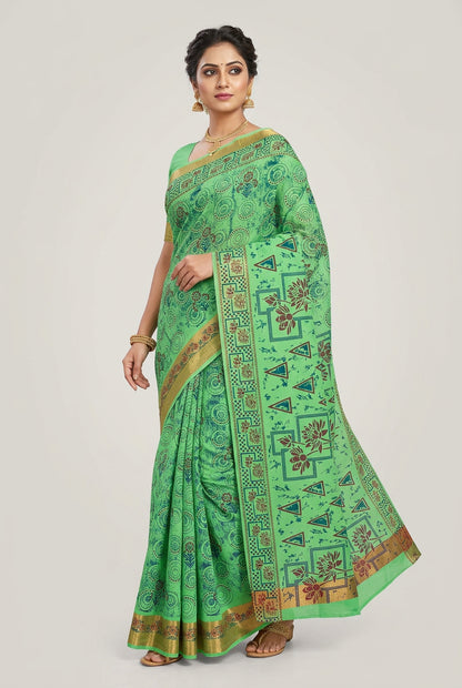 Fancy Cotton Saree Apple Green Colour with Copper Border