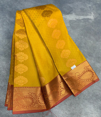 Vegan Silk Saree Mustard Colour Saree with Copper Border