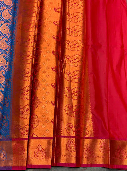 Vegan Silk Saree Sky Blue Colour with Magenta and Copper Border
