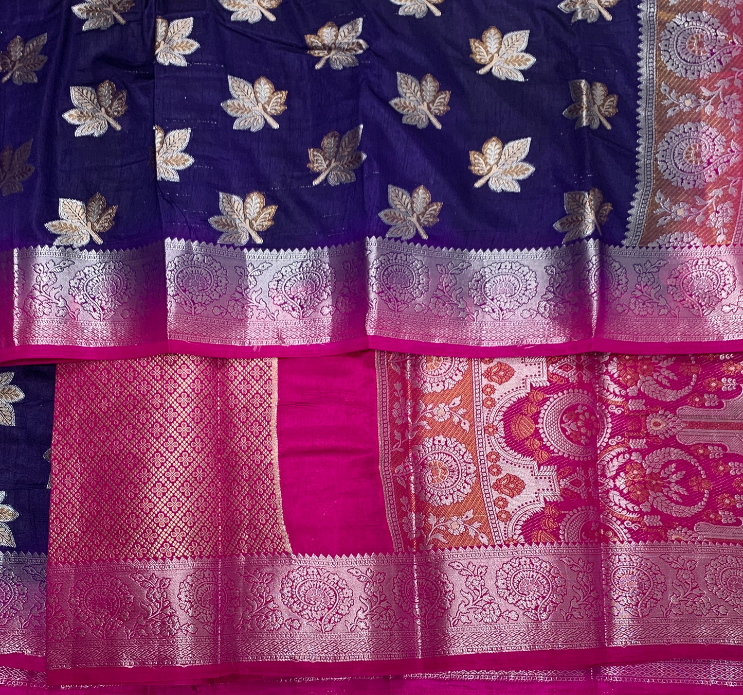 Tussar Saree Navy Blue Colour with Pink Border