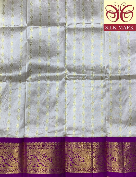 White Shade Pure kanchipuram Kids Pattu Pavadai with Contrast border for Newborn to 2 Years