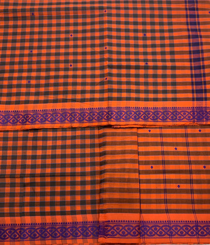 Chettinad Cotton Saree Orange Shade with Blue Border