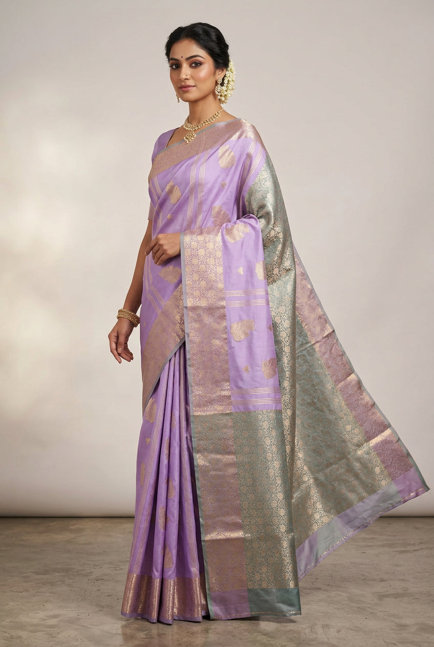 Soft Silk Casual Saree Lavender with Sliver Zari Border