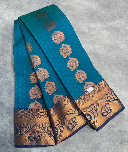 Vegan Silk Saree Rama Blue Colour Saree with Copper Border