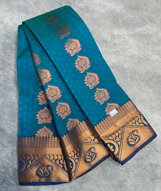 Vegan Silk Saree Rama Blue Colour Saree with Copper Border