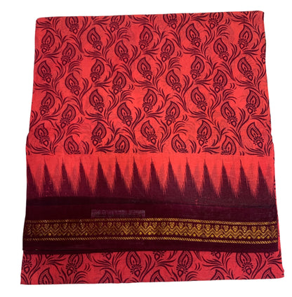 Chettinad Sungudi Cotton Tomato Red Colour with Brown Border