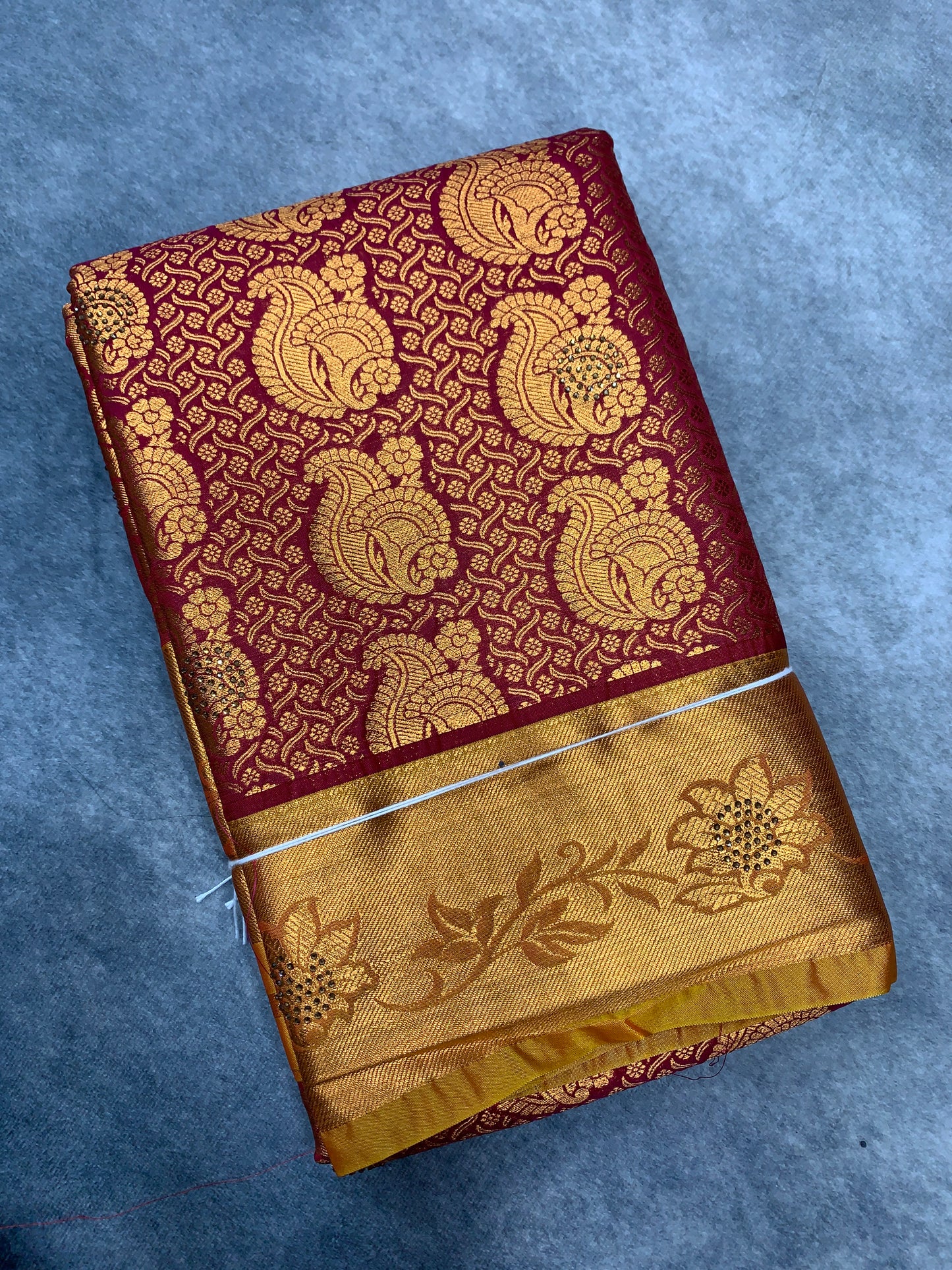 Vegan Silk Saree Maroon Colour with Copper and Golden Yellow Border