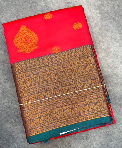 Soft Silk Casual Saree Peach Pink Colour with Rama Green and Golden Colour Border