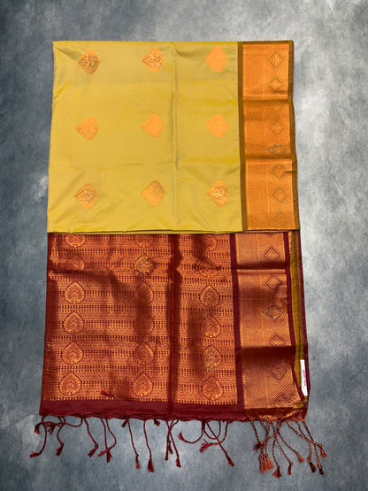 Soft Vegan Silk Saree Golden Colour with Brown and Copper Border