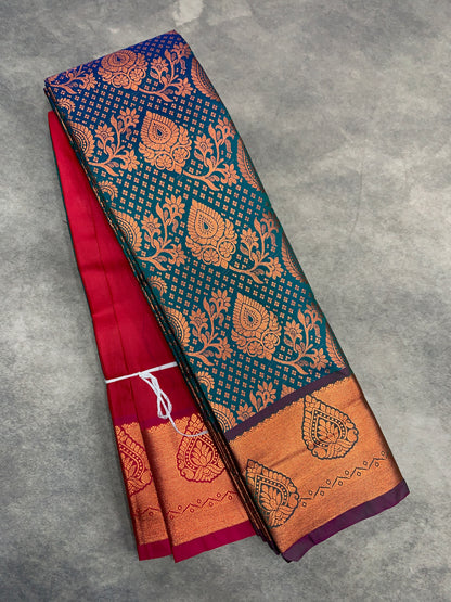 Vegan Silk Saree Peacock Green Colour with Pink and Copper Border