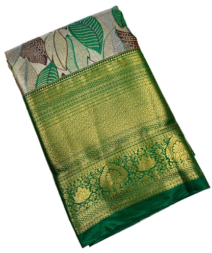 Green & Brown Leaf Soft Kanchi Tissue Pattu Saree with Green Border