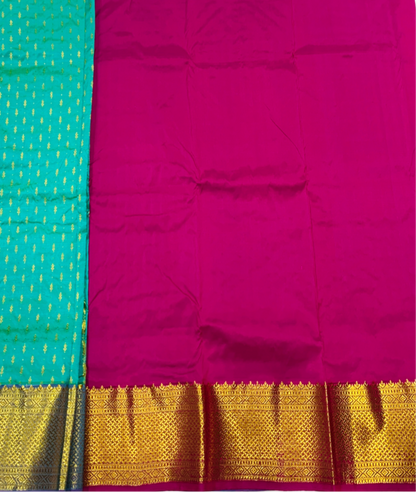 Rama Green shade Pure Kanchipuram Kids Pattu Pavadai with Contrast border for age 2 to 5