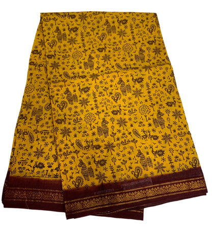 Chettinad Sungudi Cotton Mustard Colour with Brown Border