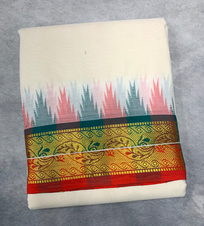 Korvai Cotton Dhoti Half White Colour with Multi Colour Border